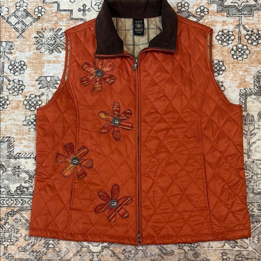 SUN MODA L orange patchwork mixed media double zip vest w/ button flowers